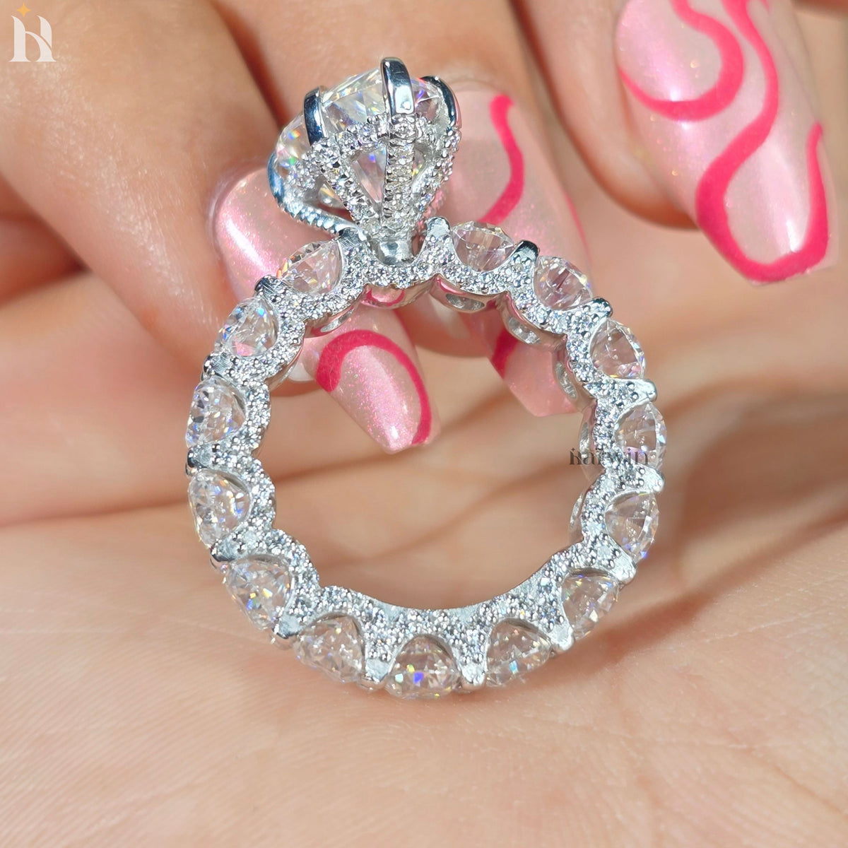 5 CT Pear Moissanite Engagement Ring, Oval Pave Diamond Band, Classic Prong Set Ring