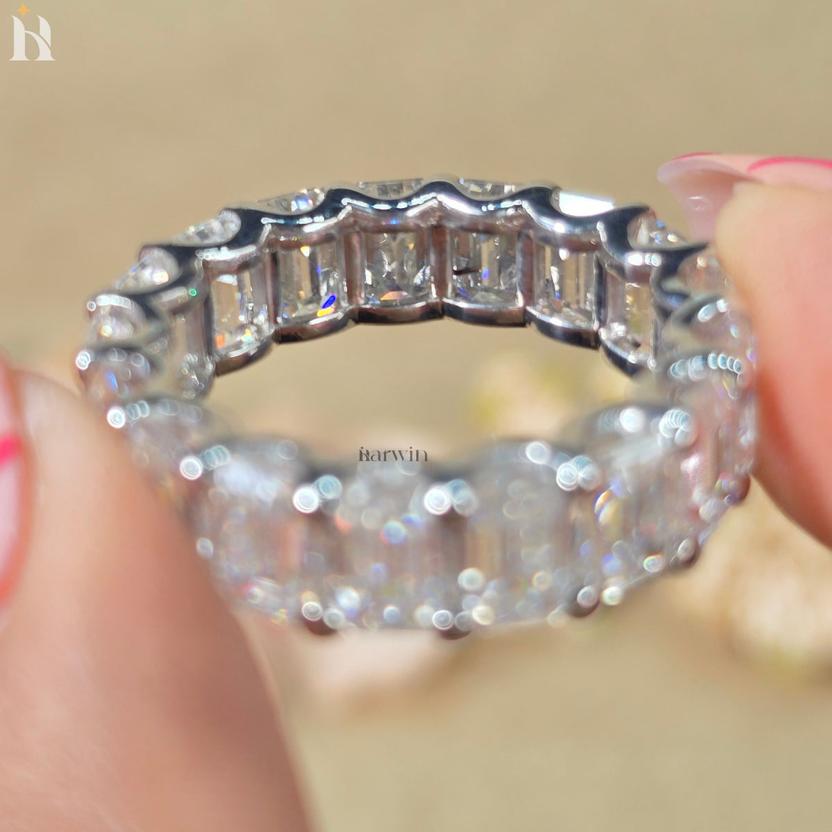 6x4MM Emerald Cut Moissanite Eternity Band White Gold Wedding Ring Stackable Anniversary Band