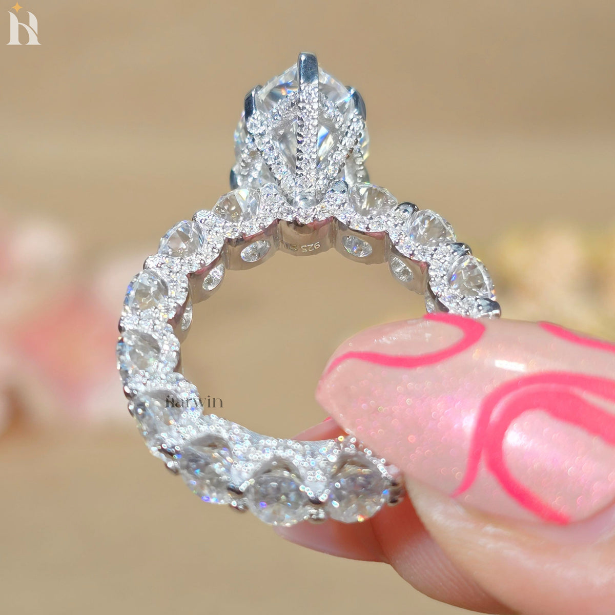 5 CT Pear Moissanite Engagement Ring, Oval Pave Diamond Band, Classic Prong Set Ring