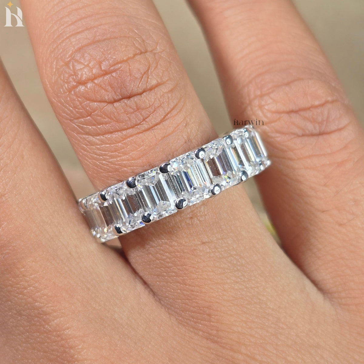 6x4MM Emerald Cut Moissanite Eternity Band White Gold Wedding Ring Stackable Anniversary Band
