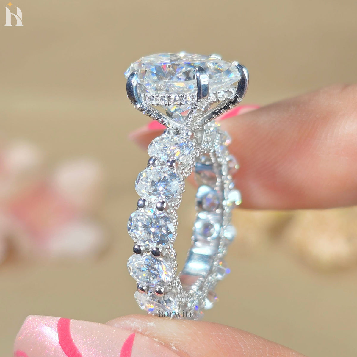 5 CT Pear Moissanite Engagement Ring, Oval Pave Diamond Band, Classic Prong Set Ring