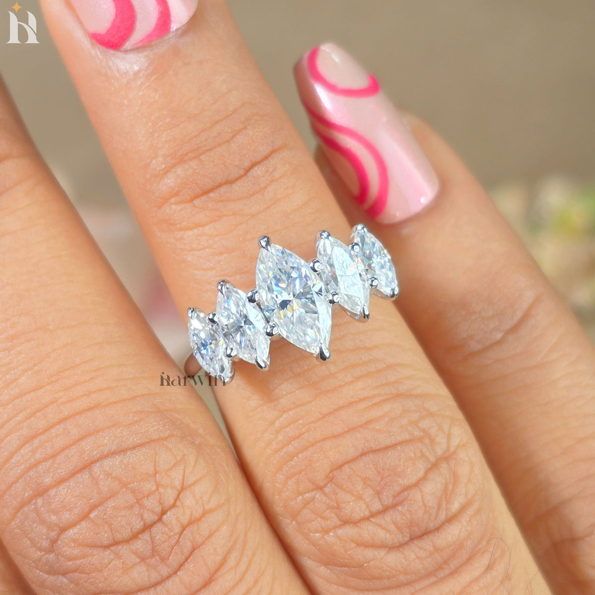 4 Ct Marquise Cut Moissanite Ring Five Stone Wedding Band Solid Gold Anniversary Ring Marquise Diamond Band Stackable Bridal Ring