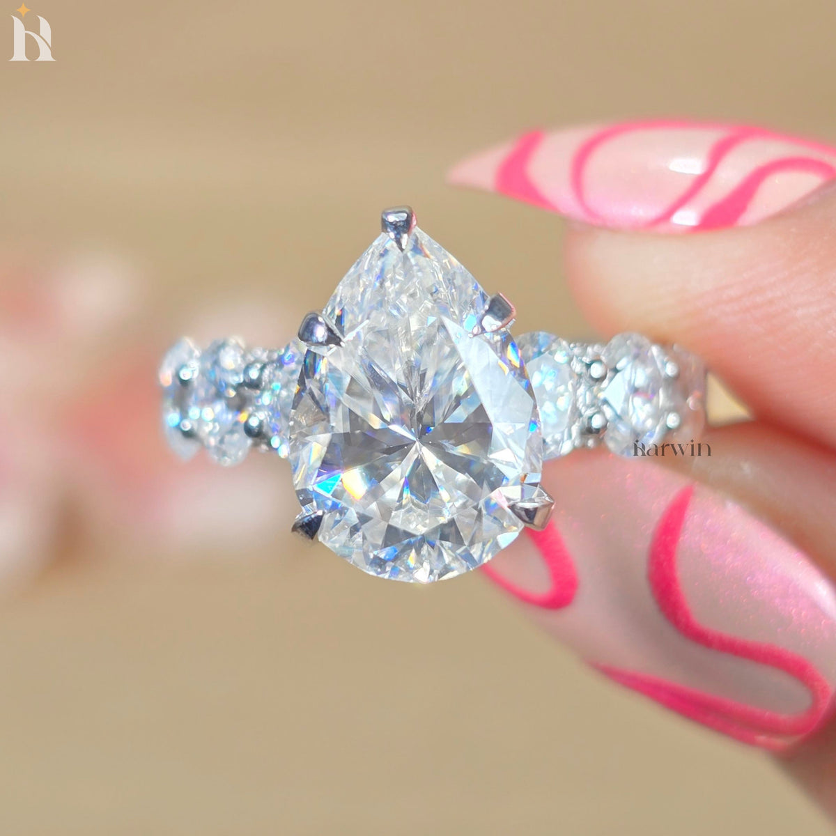 5 CT Pear Moissanite Engagement Ring, Oval Pave Diamond Band, Classic Prong Set Ring