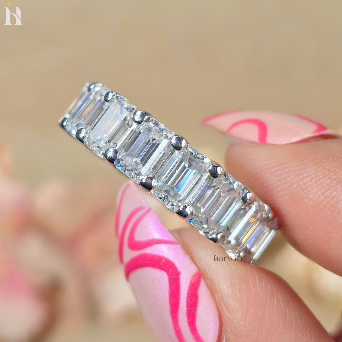 6x4MM Emerald Cut Moissanite Eternity Band White Gold Wedding Ring Stackable Anniversary Band