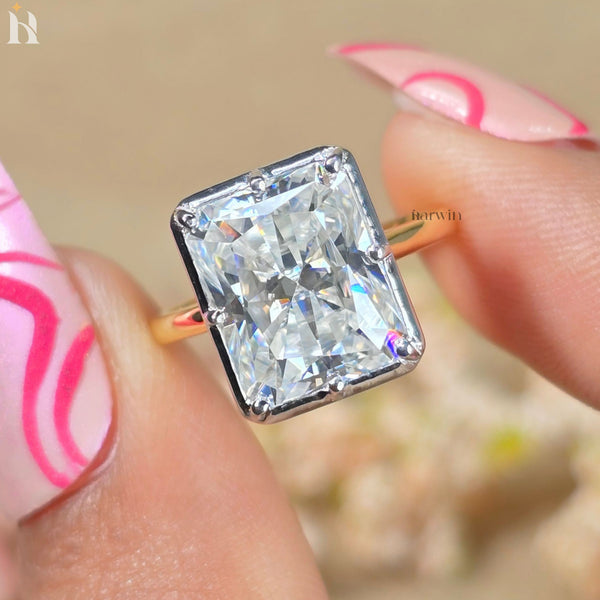 5 CT Radiant Cut Moissanite Dimond Bezel & Prong Set Ring, Tow Tone Ring