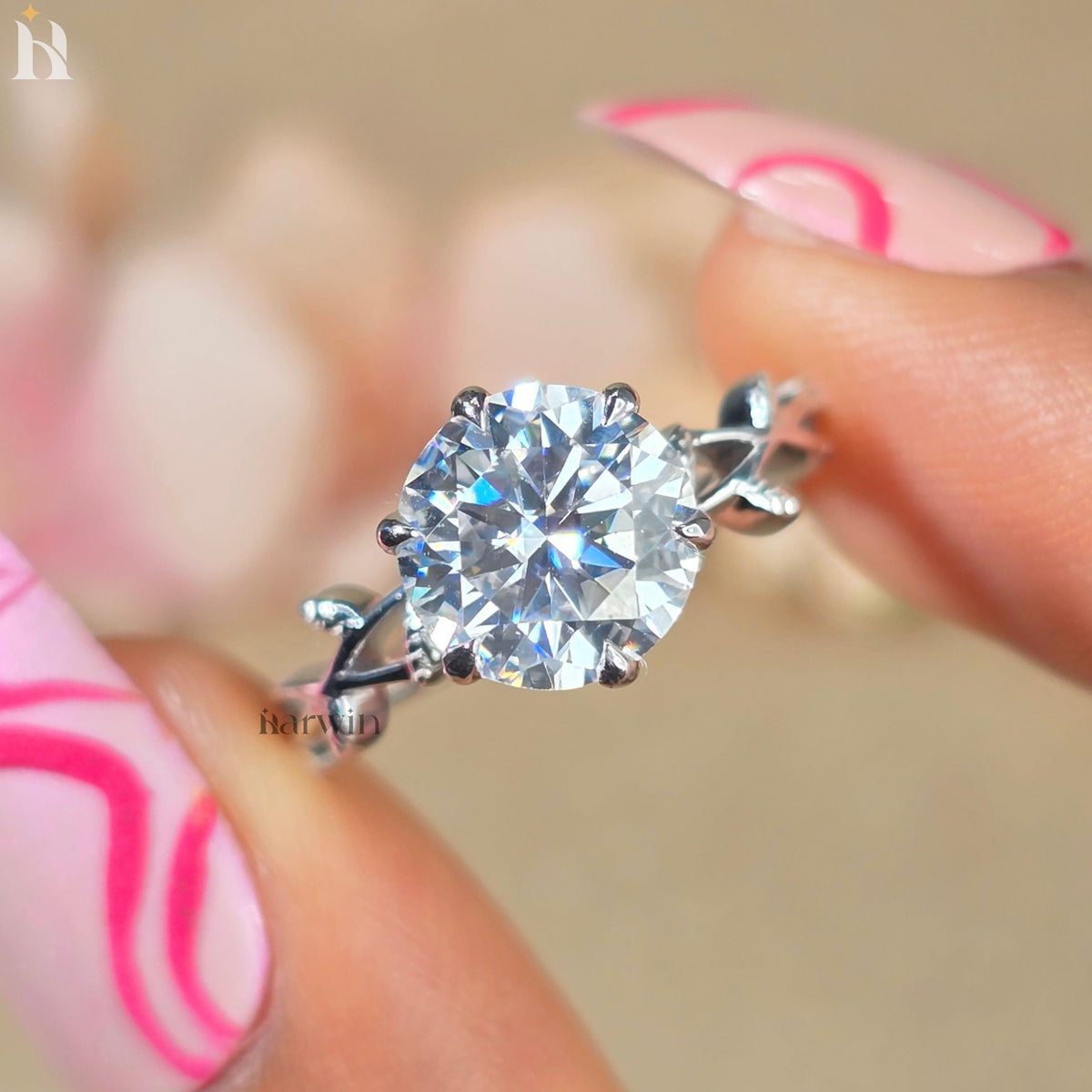 2 Ct Round Moissanite Engagement Ring with Leaf Band 8mm Solitaire Nature Inspired Wedding Ring 14K White Gold Proposal Ring