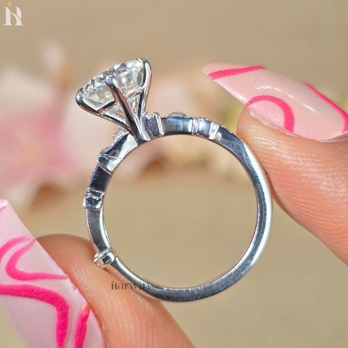 2 Ct Round Moissanite Engagement Ring with Leaf Band 8mm Solitaire Nature Inspired Wedding Ring 14K White Gold Proposal Ring