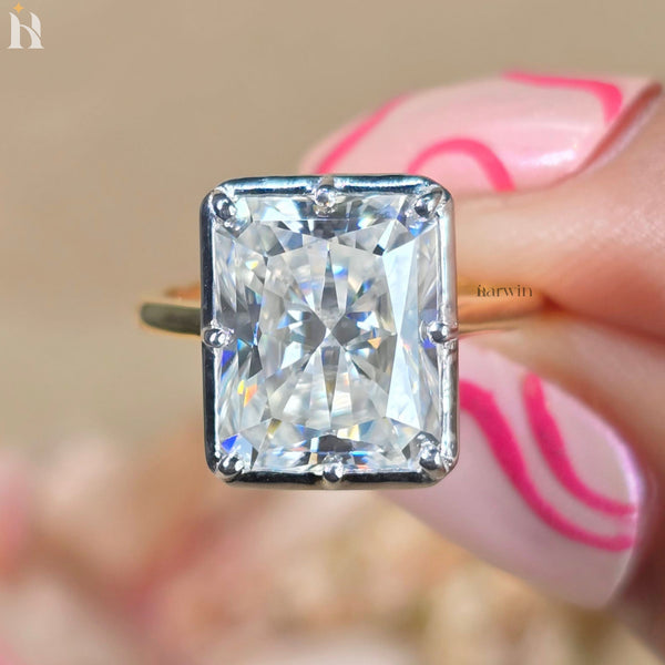 5 CT Radiant Cut Moissanite Dimond Bezel & Prong Set Ring, Tow Tone Ring