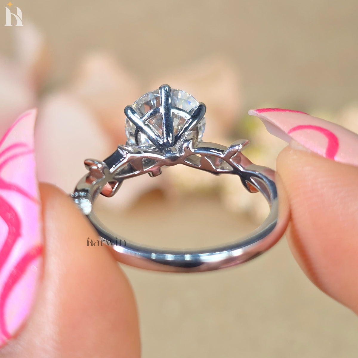 2 Ct Round Moissanite Engagement Ring with Leaf Band 8mm Solitaire Nature Inspired Wedding Ring 14K White Gold Proposal Ring