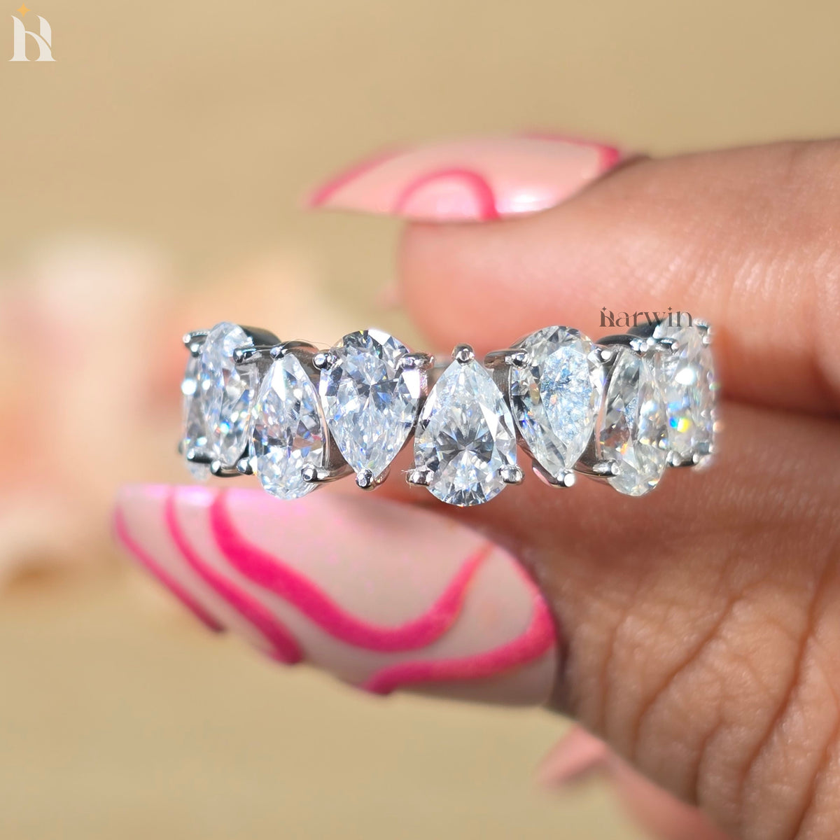 Pear Cut Moissanite Half Eternity Band Teardrop Anniversary Band White Gold Stackable Bridal Ring