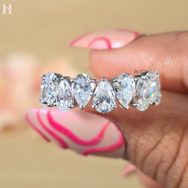 Pear Cut Moissanite Half Eternity Band Teardrop Anniversary Band White Gold Stackable Bridal Ring
