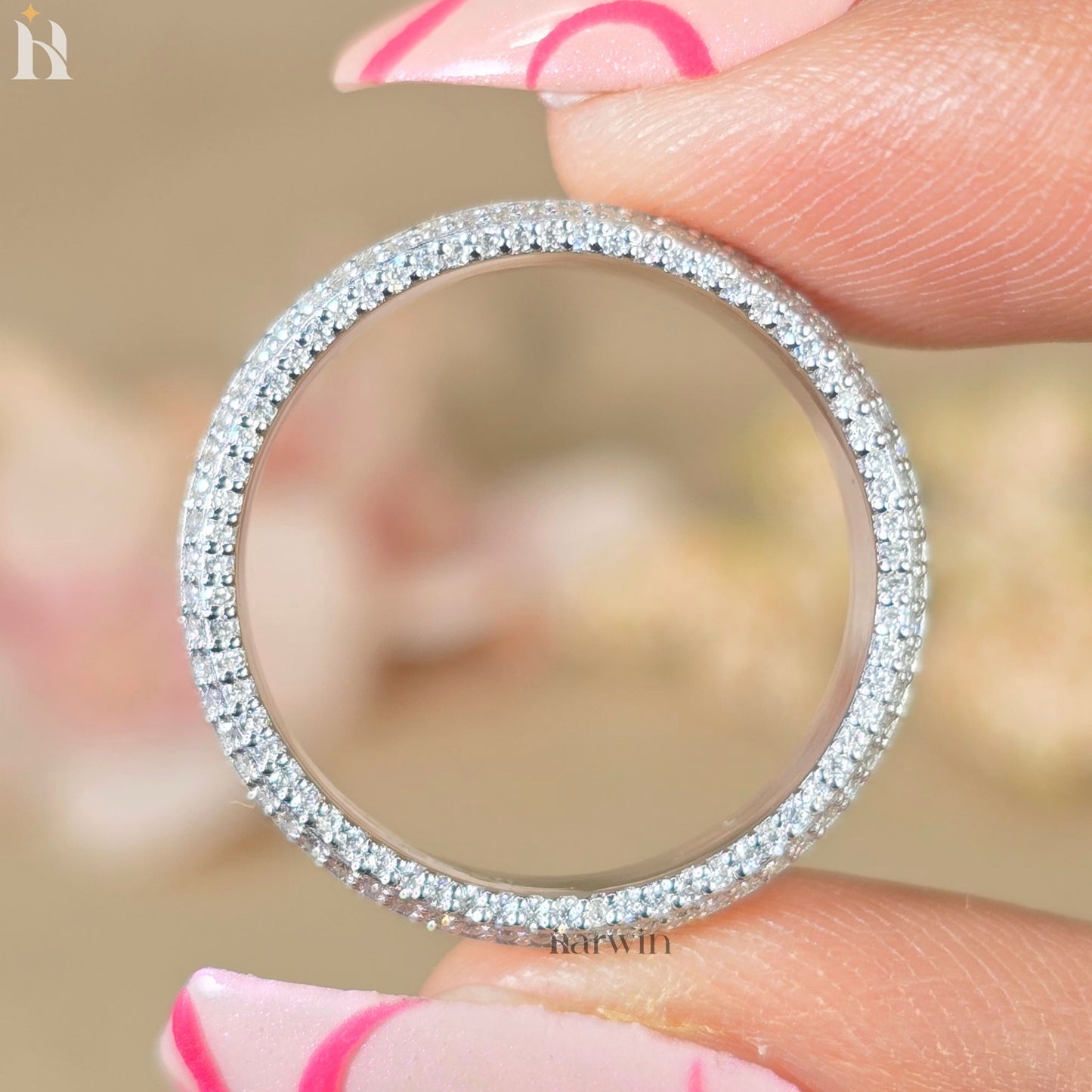 Men's 14k White Gold and Round Diamond Beveled Edge Wedding Band