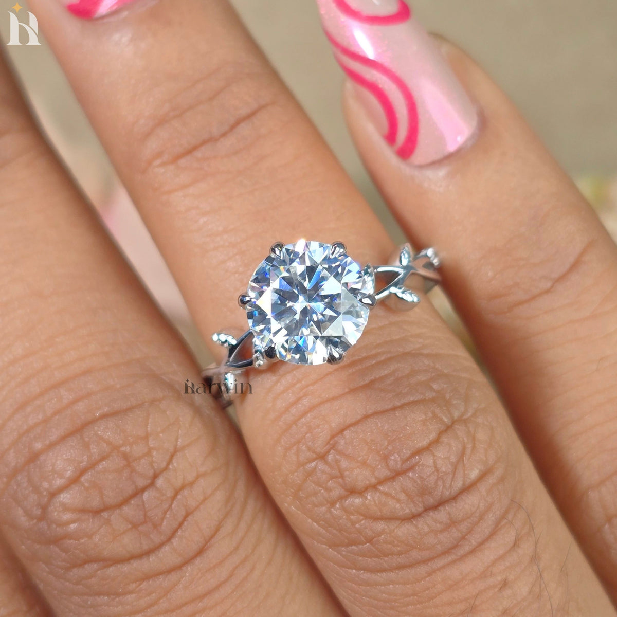 2 Ct Round Moissanite Engagement Ring with Leaf Band 8mm Solitaire Nature Inspired Wedding Ring 14K White Gold Proposal Ring