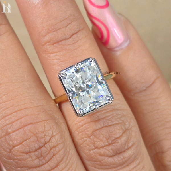 5 CT Radiant Cut Moissanite Dimond Bezel & Prong Set Ring, Tow Tone Ring