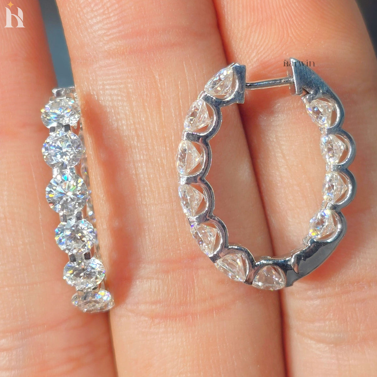 14k Solid White Gold Brilliant Round Cut Moissanite, Hoop Prong Set Earrings For Gift