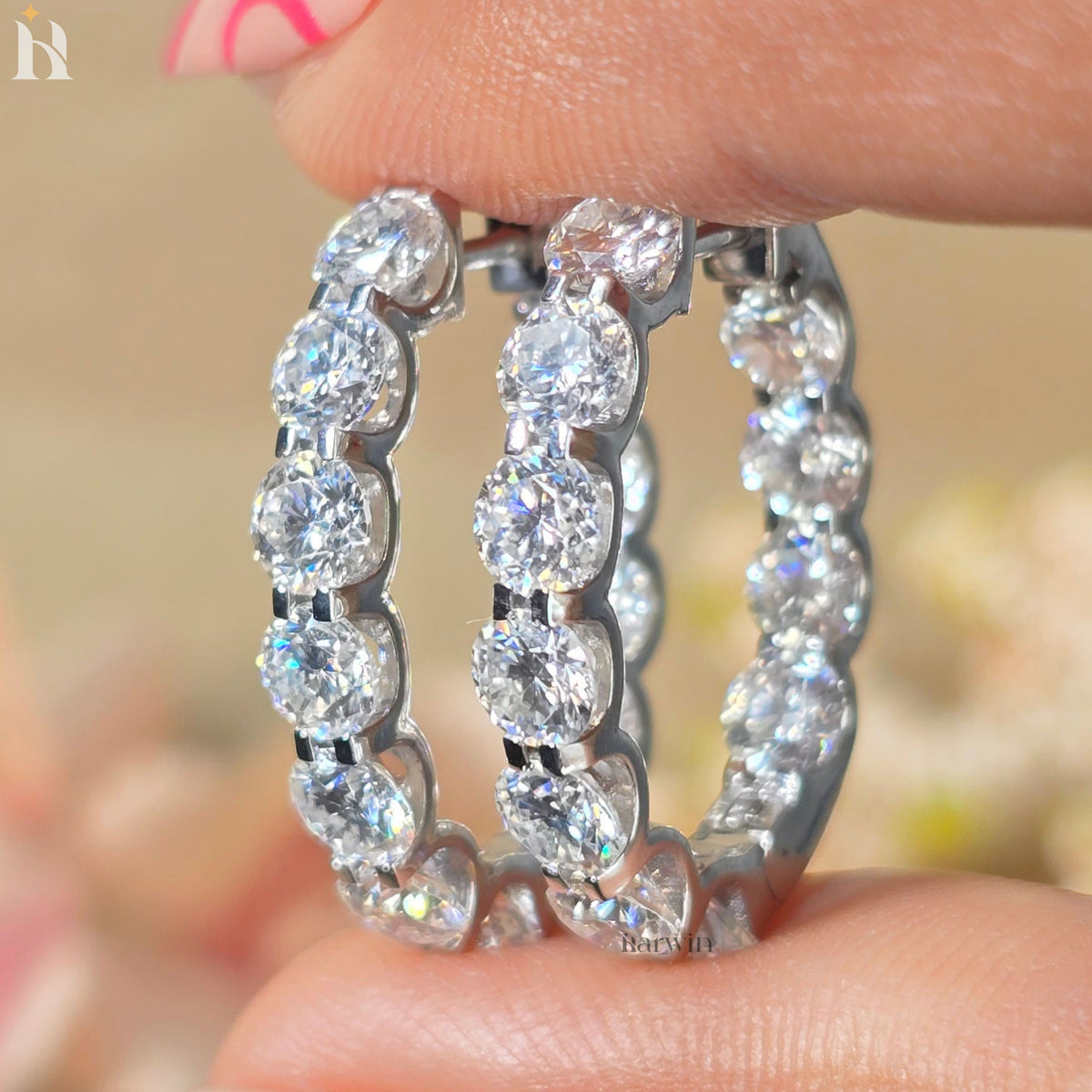 14k Solid White Gold Brilliant Round Cut Moissanite, Hoop Prong Set Earrings For Gift