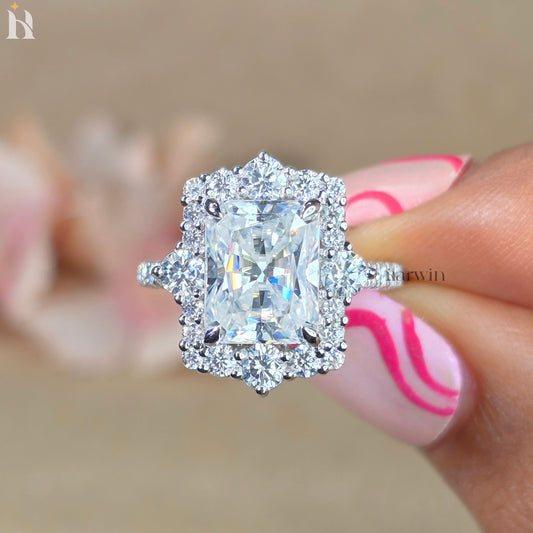 3.5CT Radiant Moissanite Engagement Ring: Halo Cluster, 10K White Gold Band