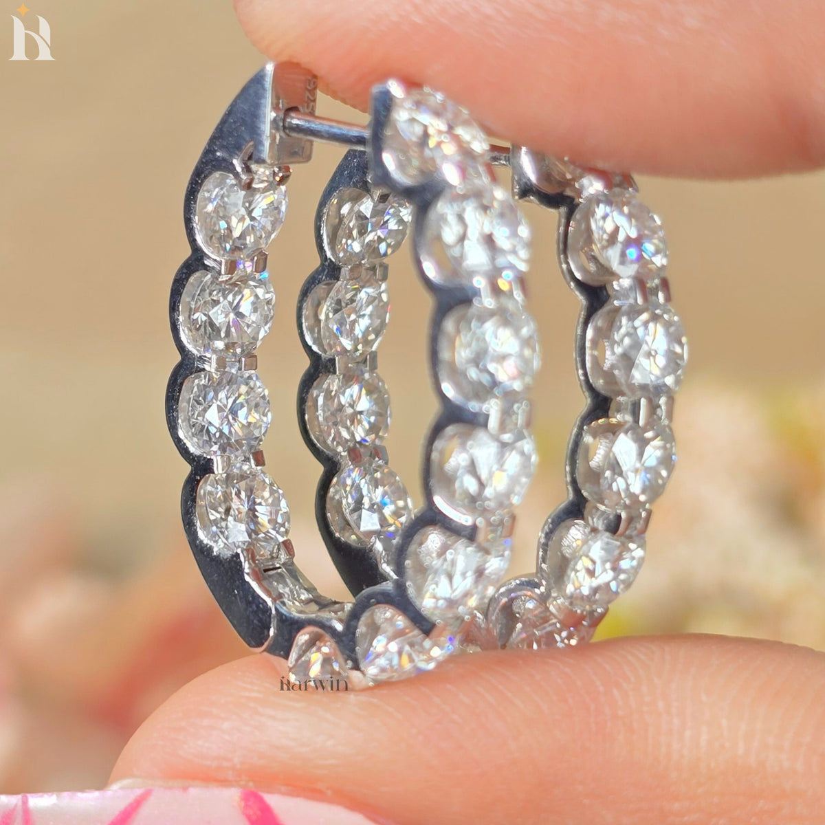 14k Solid White Gold Brilliant Round Cut Moissanite, Hoop Prong Set Earrings For Gift