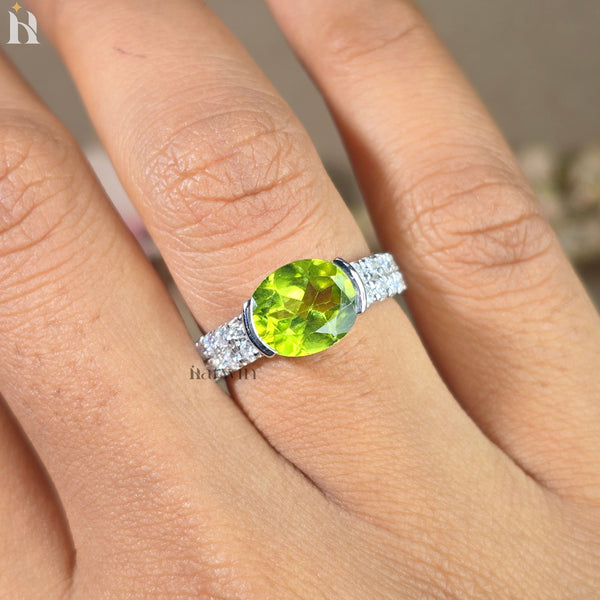 Genuine Natural Peridot Solid Sterling Silver Oval Cut East West Ring August Birthstone Ring