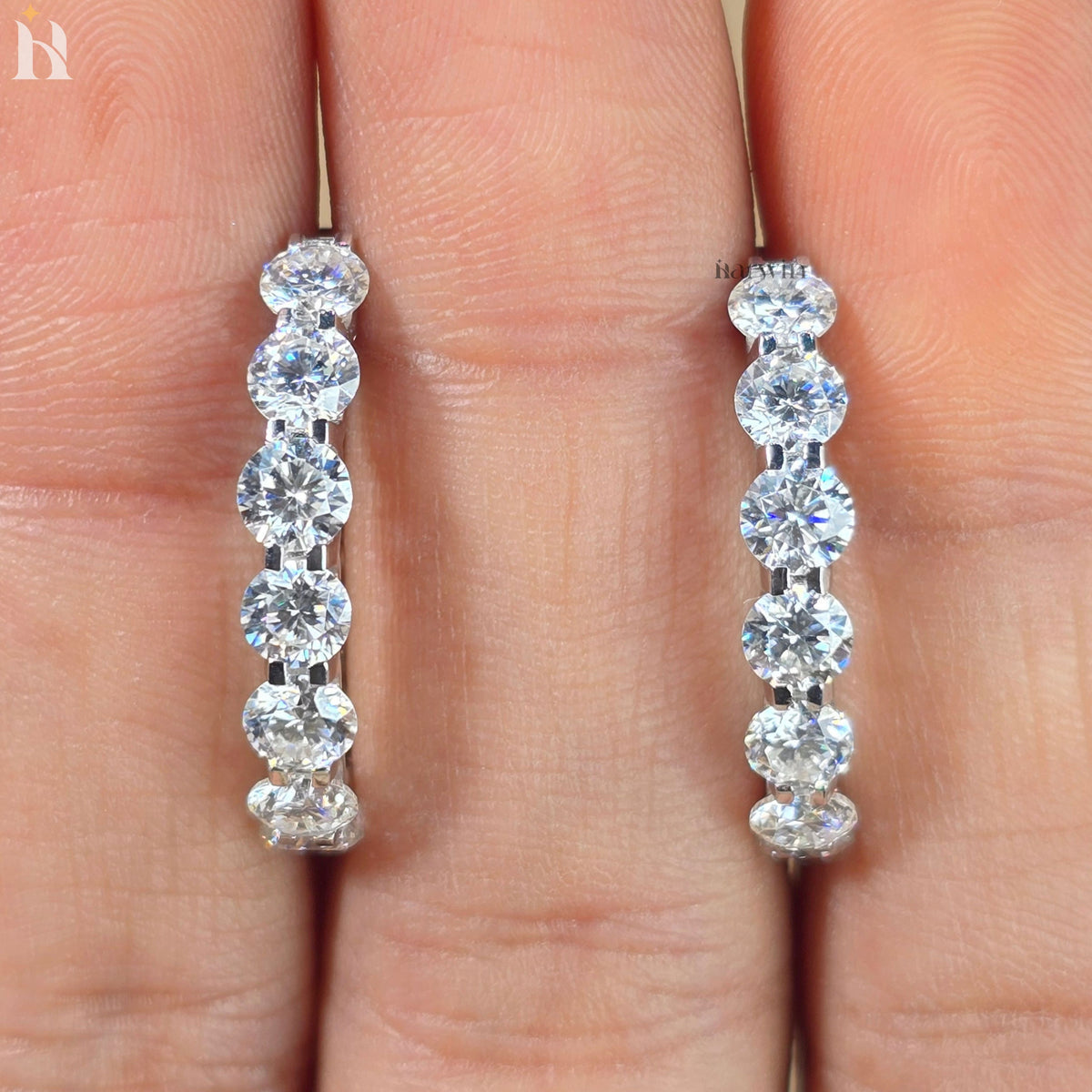 14k Solid White Gold Brilliant Round Cut Moissanite, Hoop Prong Set Earrings For Gift