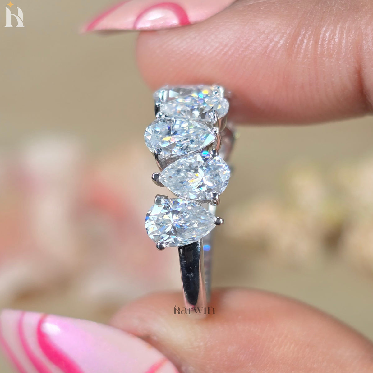 Pear Cut Moissanite Half Eternity Band Teardrop Anniversary Band White Gold Stackable Bridal Ring