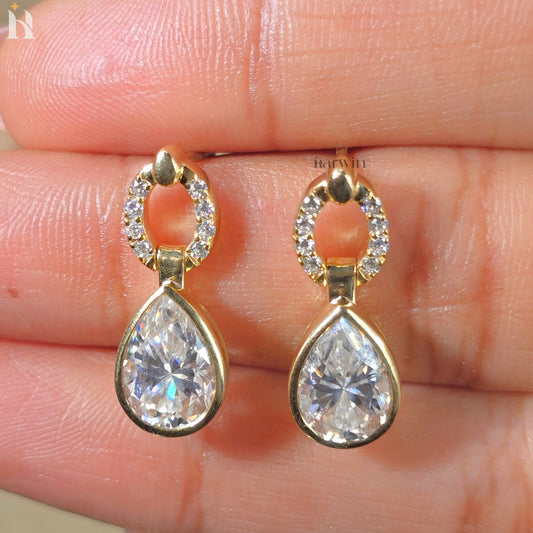 Pear Cut Moissanite Dangle Drop Earrings, Modern 14K Solid Gold Earrings for Gift