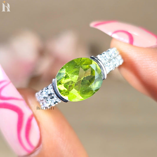Genuine Natural Peridot Solid Sterling Silver Oval Cut East West Ring August Birthstone Ring