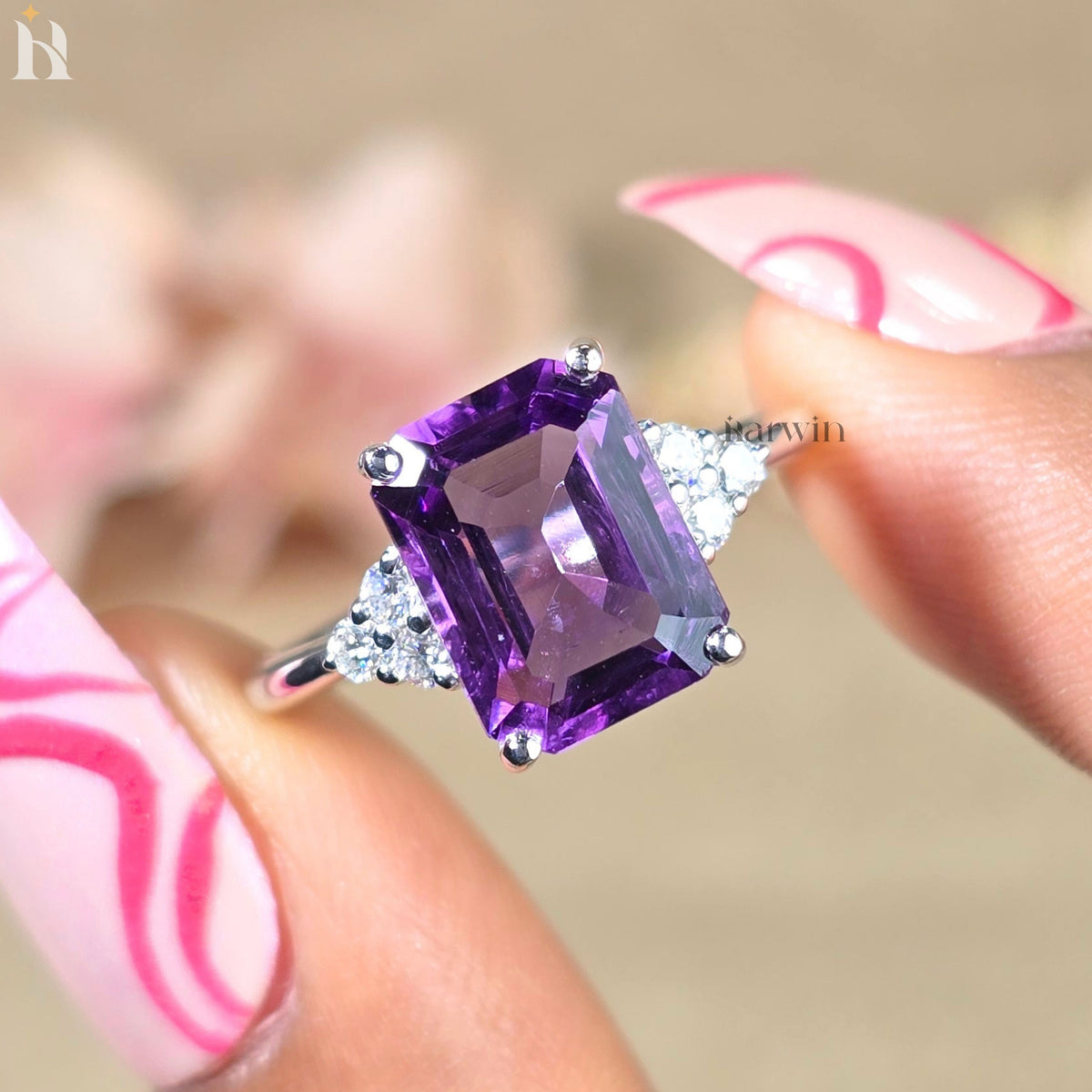 Purple Amethyst Emerald Cut Gemstone Engagement Ring 925 Silver Side Round Diamond Ring