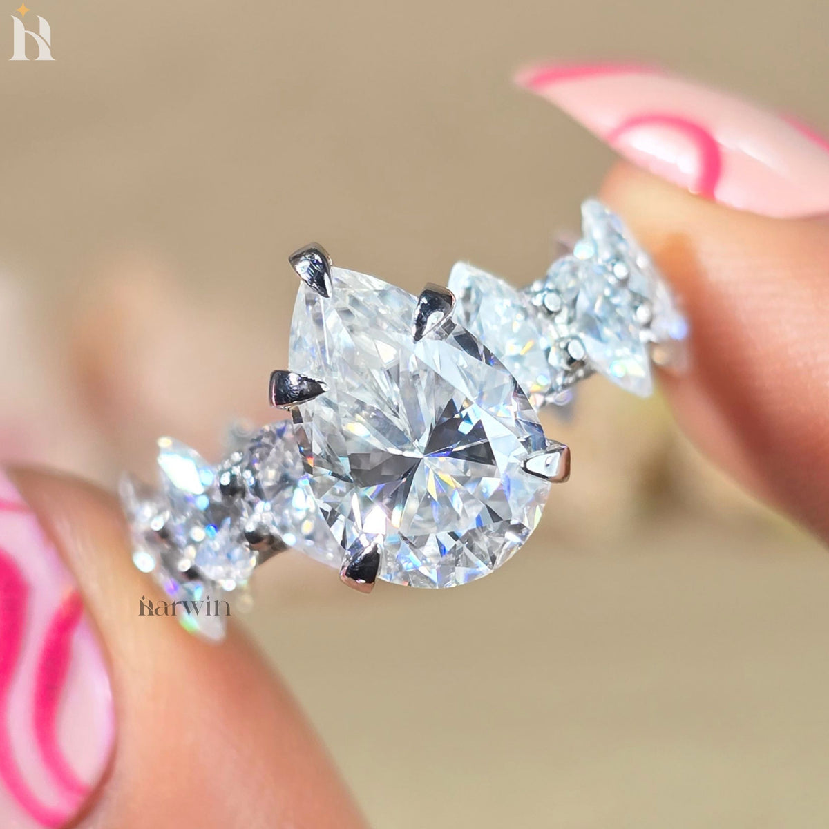 5 CT Pear Moissanite Engagement Ring, Pear Pave Diamond Band, Classic Prong Set Ring
