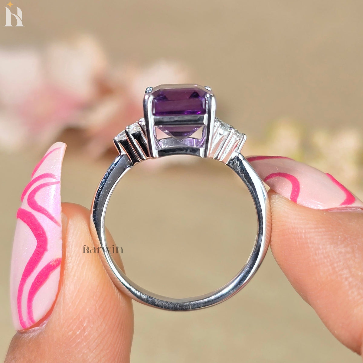 Purple Amethyst Emerald Cut Gemstone Engagement Ring 925 Silver Side Round Diamond Ring