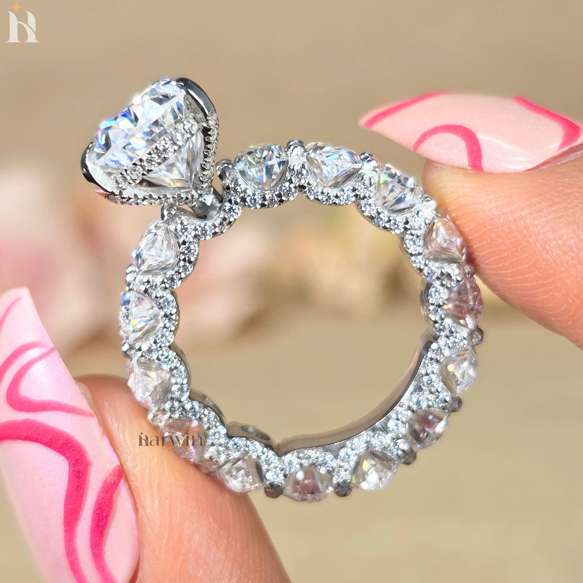 5 CT Pear Moissanite Engagement Ring, Pear Pave Diamond Band, Classic Prong Set Ring