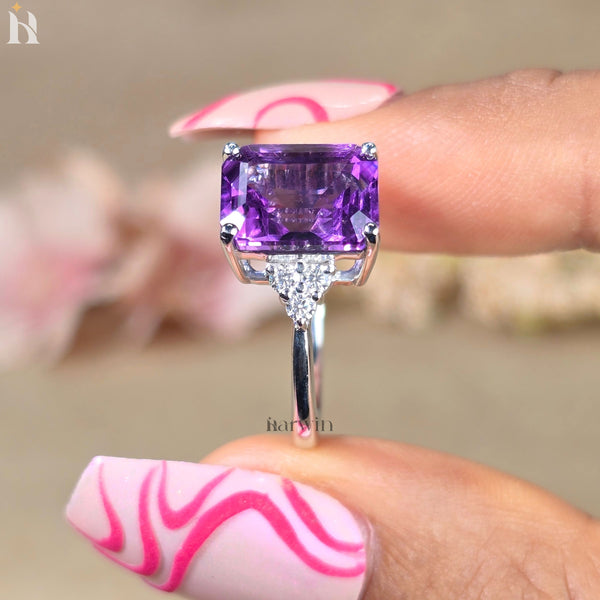 Purple Amethyst Emerald Cut Gemstone Engagement Ring 925 Silver Side Round Diamond Ring