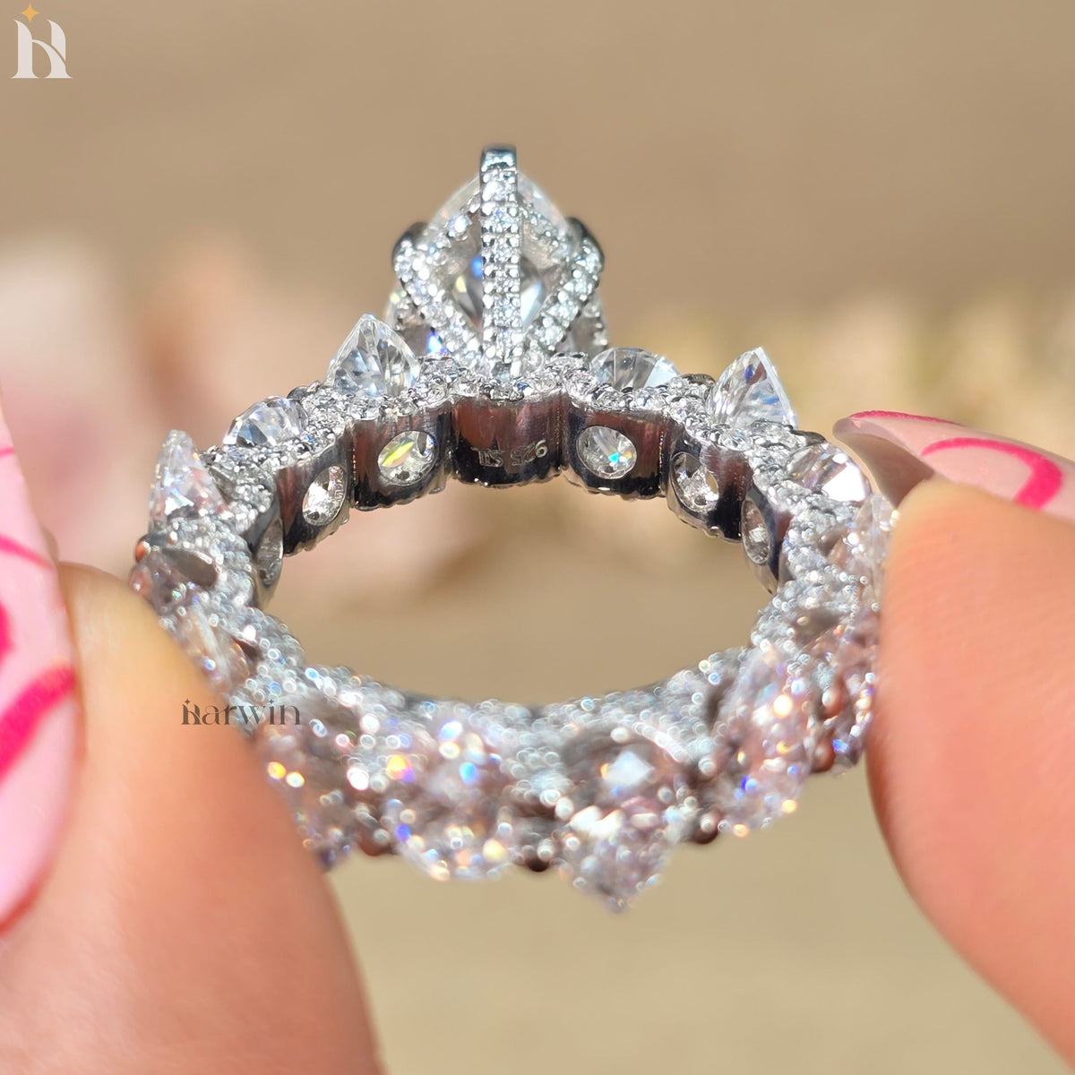 5 CT Pear Moissanite Engagement Ring, Pear Pave Diamond Band, Classic Prong Set Ring