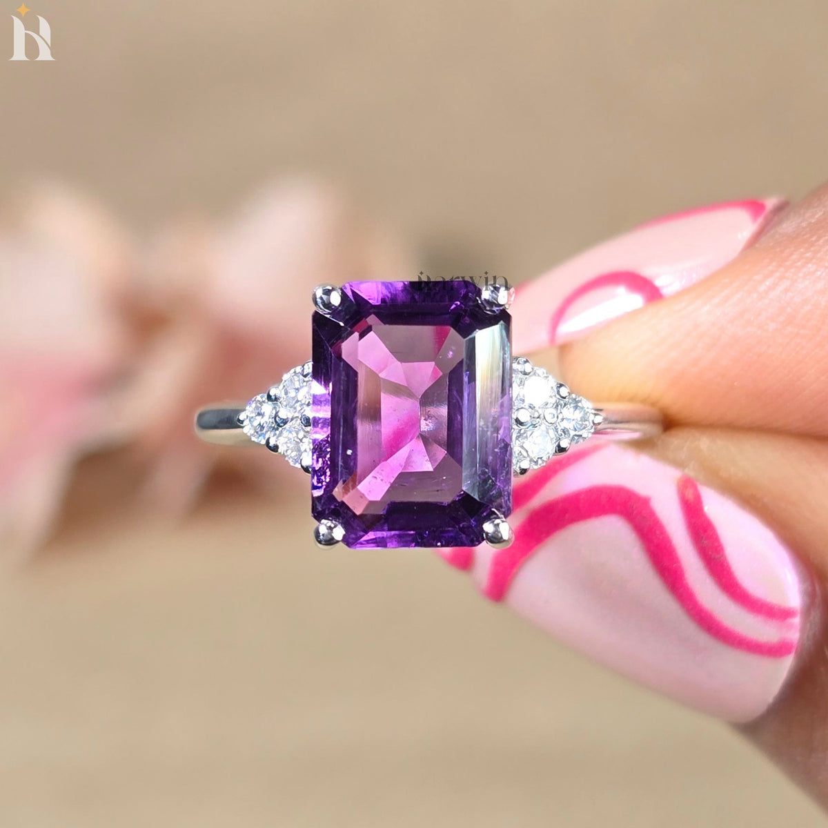 Purple Amethyst Emerald Cut Gemstone Engagement Ring 925 Silver Side Round Diamond Ring
