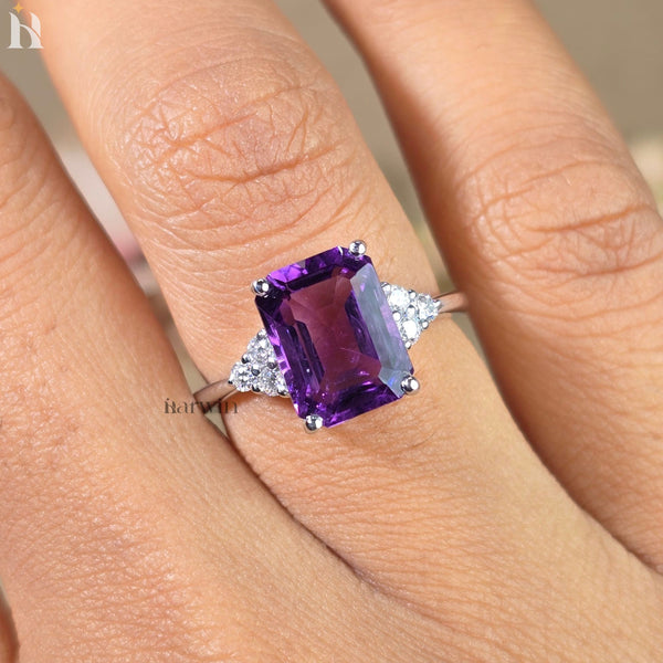 Purple Amethyst Emerald Cut Gemstone Engagement Ring 925 Silver Side Round Diamond Ring