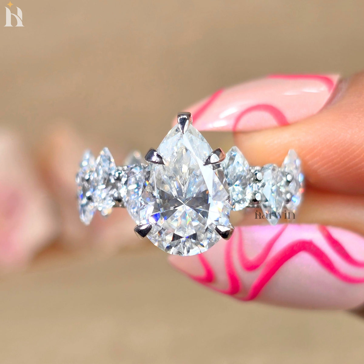 5 CT Pear Moissanite Engagement Ring, Pear Pave Diamond Band, Classic Prong Set Ring