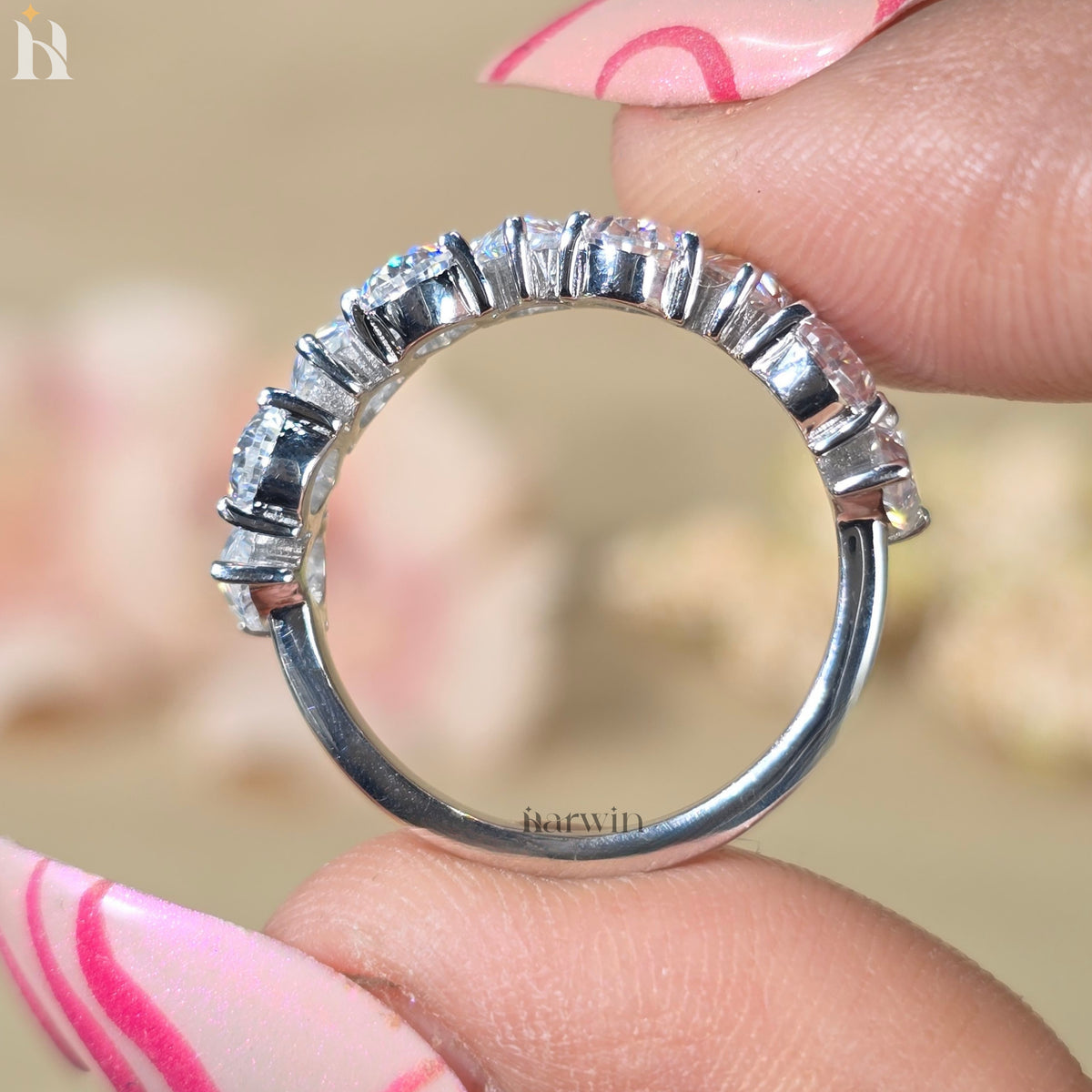 Pear Cut Moissanite Half Eternity Band Teardrop Anniversary Band White Gold Stackable Bridal Ring
