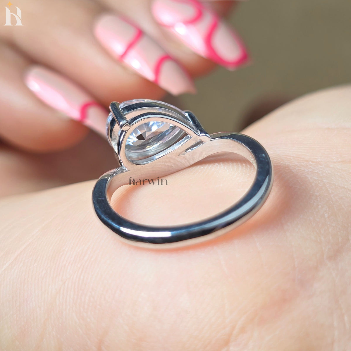 2 CT Pear Lab Grown Wave Band Solitaire Ring White Gold Engagement Ring