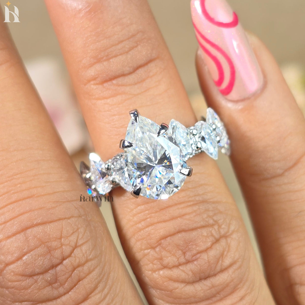5 CT Pear Moissanite Engagement Ring, Pear Pave Diamond Band, Classic Prong Set Ring