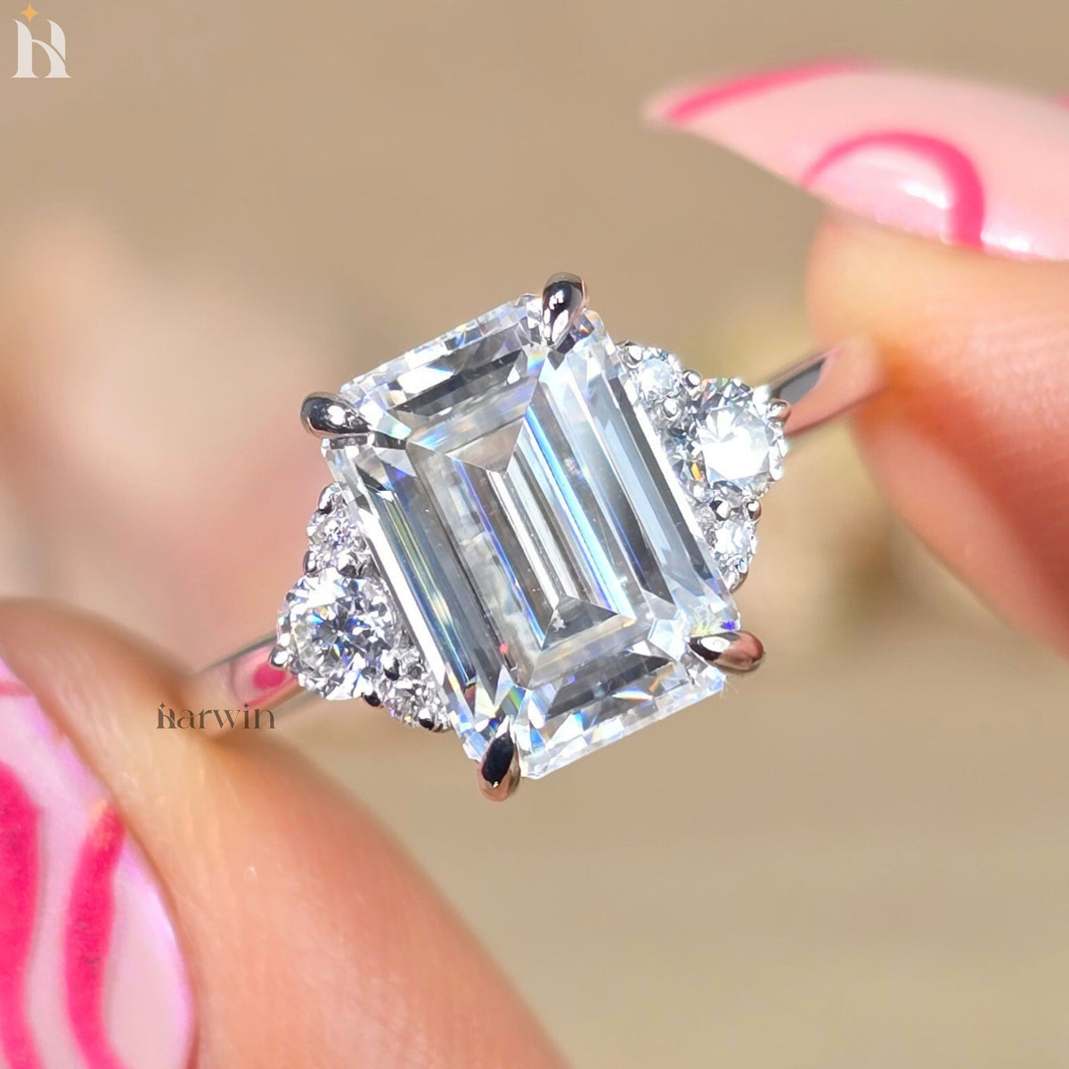 3 Ct Emerald Cut Moissanite Engagement Ring with Round Side Stones Hidden Halo Ring Solid Gold Three Stone Bridal Ring Gift for Her