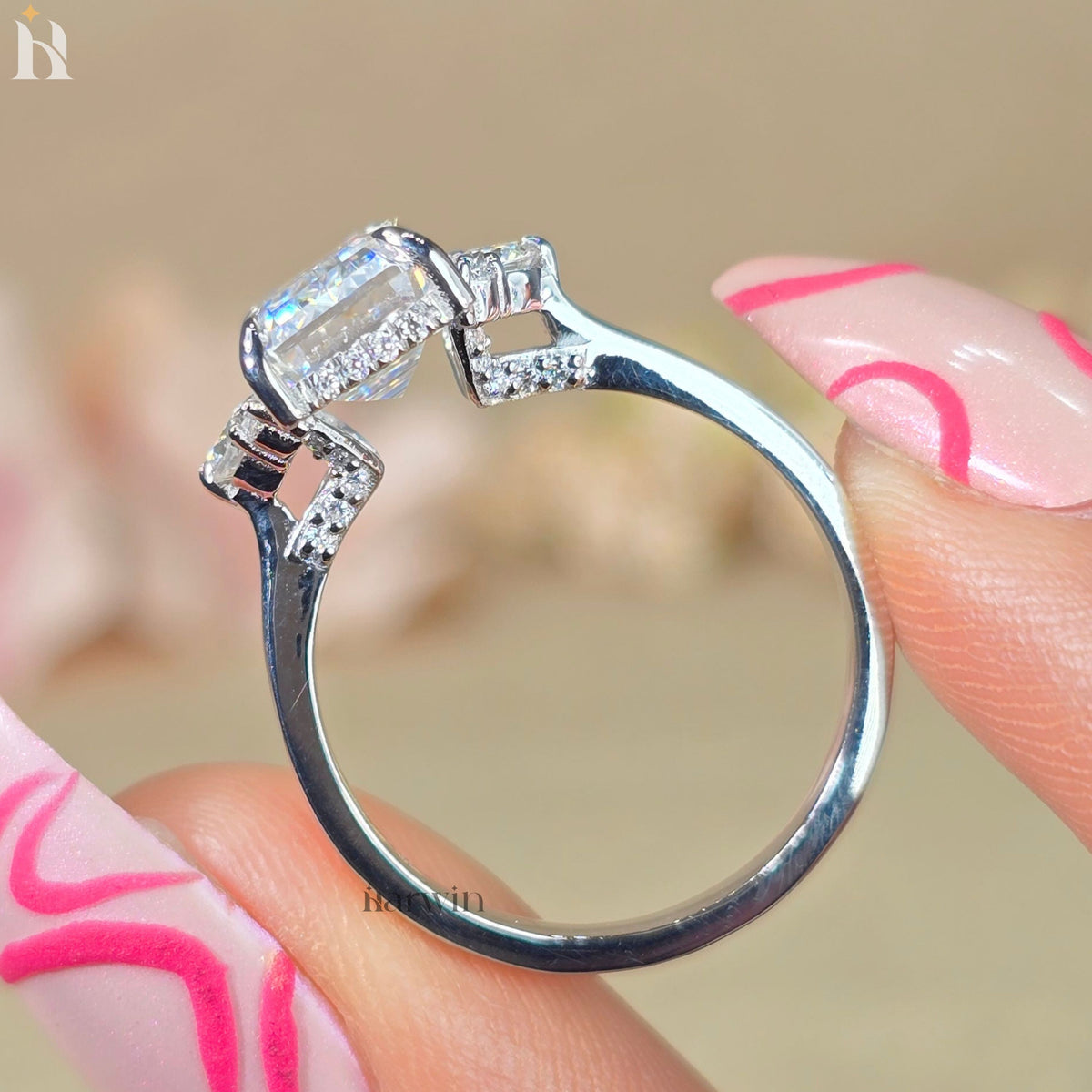 3 Ct Emerald Cut Moissanite Engagement Ring with Round Side Stones Hidden Halo Ring Solid Gold Three Stone Bridal Ring Gift for Her