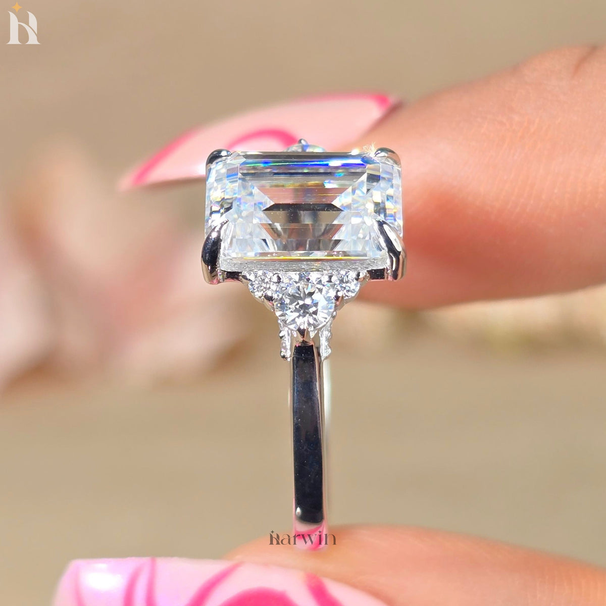 3 Ct Emerald Cut Moissanite Engagement Ring with Round Side Stones Hidden Halo Ring Solid Gold Three Stone Bridal Ring Gift for Her