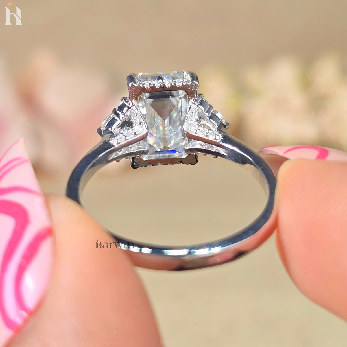 3 Ct Emerald Cut Moissanite Engagement Ring with Round Side Stones Hidden Halo Ring Solid Gold Three Stone Bridal Ring Gift for Her