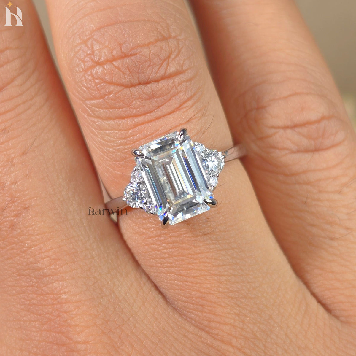 3 Ct Emerald Cut Moissanite Engagement Ring with Round Side Stones Hidden Halo Ring Solid Gold Three Stone Bridal Ring Gift for Her