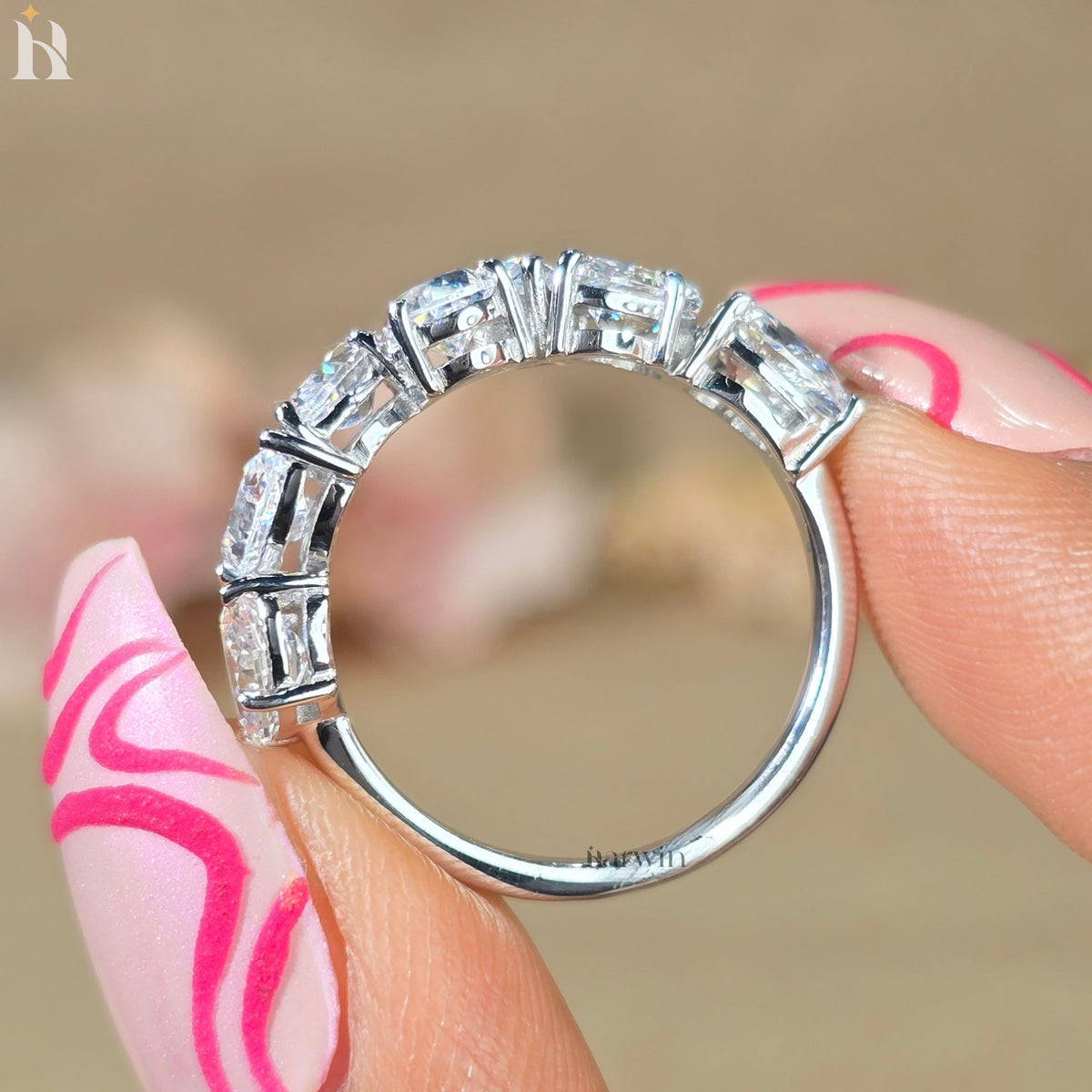Oval & Pear Moissanite Wedding Band, Seven Stone Engagement Ring