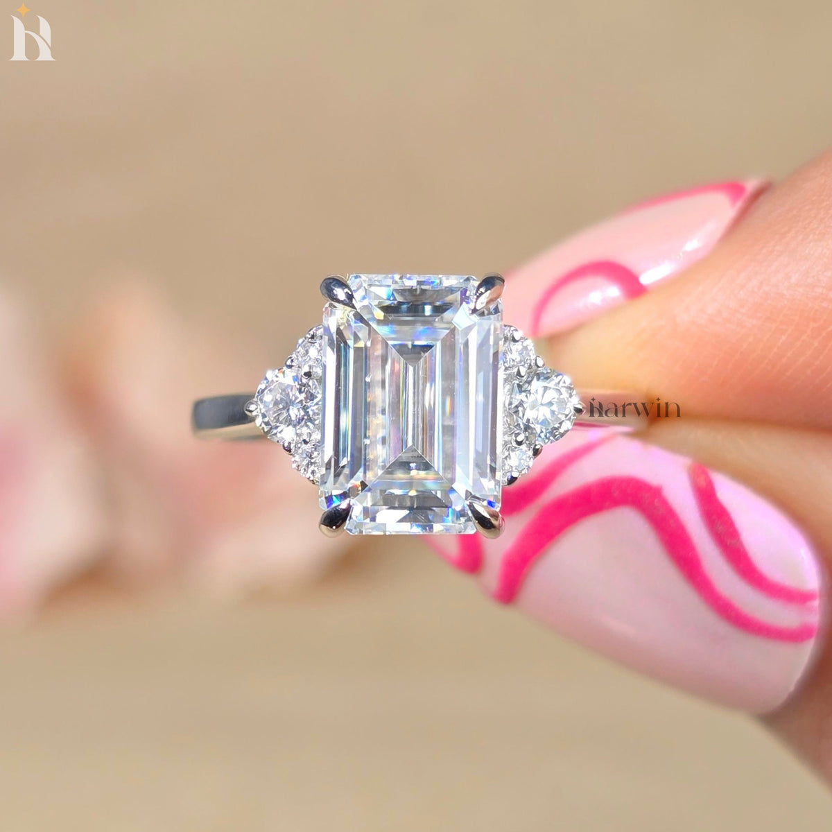 3 Ct Emerald Cut Moissanite Engagement Ring with Round Side Stones Hidden Halo Ring Solid Gold Three Stone Bridal Ring Gift for Her