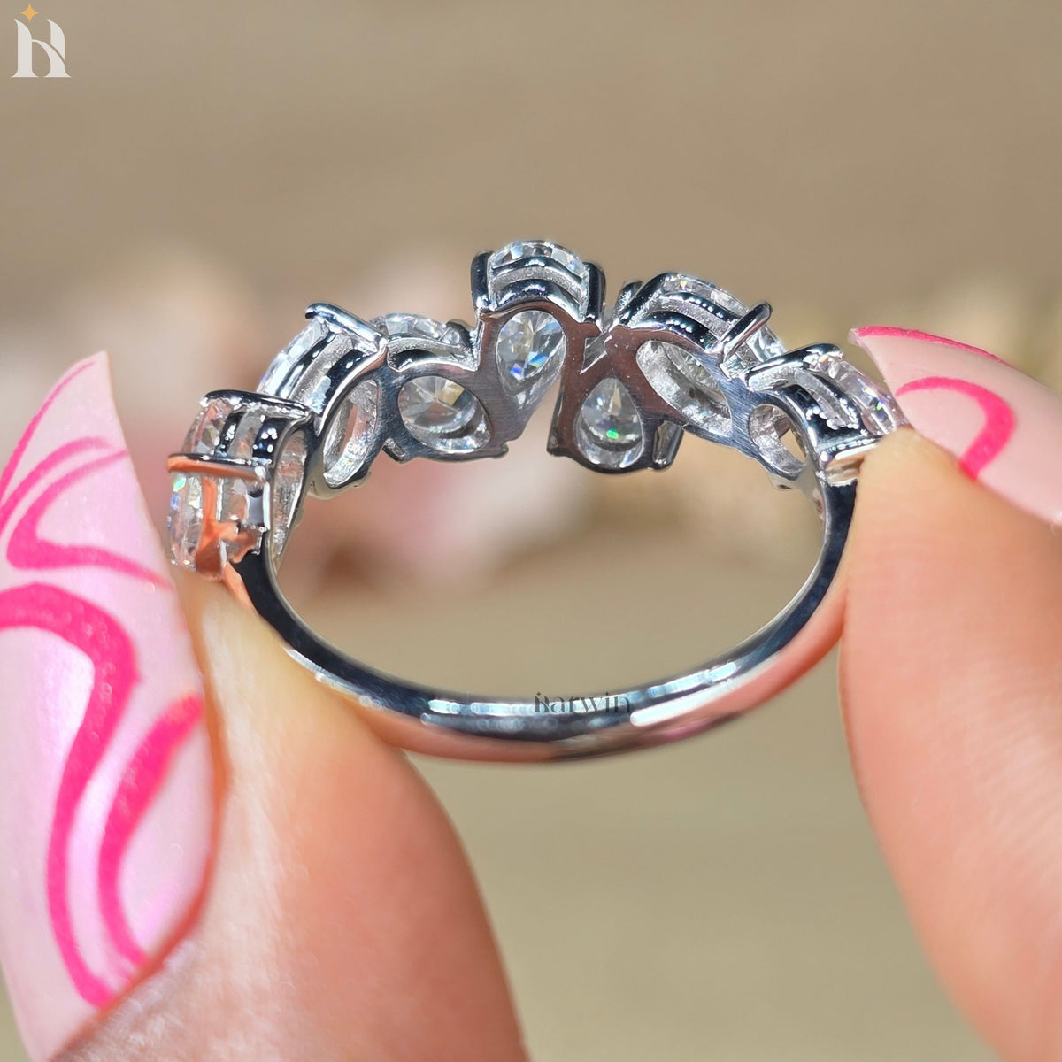 Oval & Pear Moissanite Wedding Band, Seven Stone Engagement Ring
