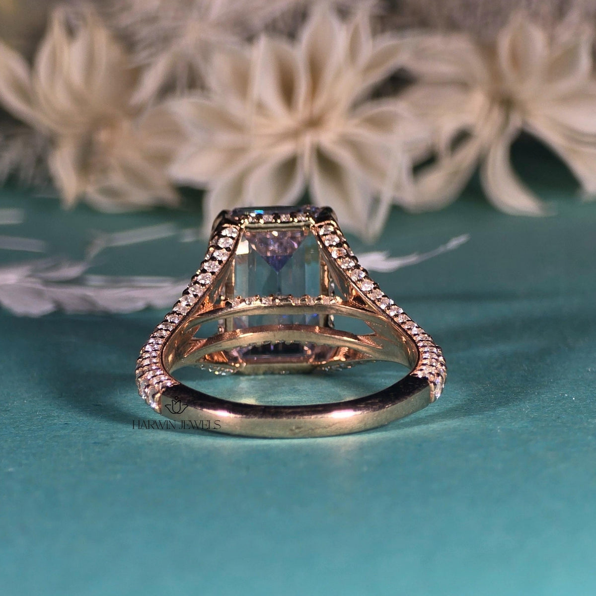 4CT Emerald Cut Split Shank Type Engagement Ring, 14K Solid Gold Moissanite Wedding Ring