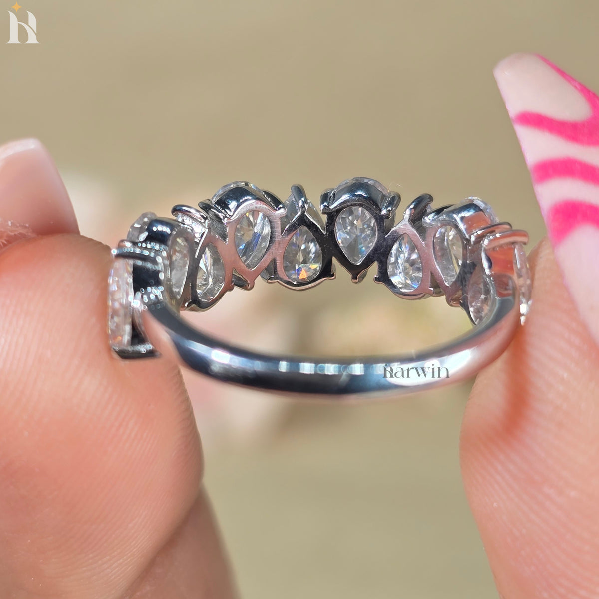 Pear Cut Moissanite Half Eternity Band Teardrop Anniversary Band White Gold Stackable Bridal Ring