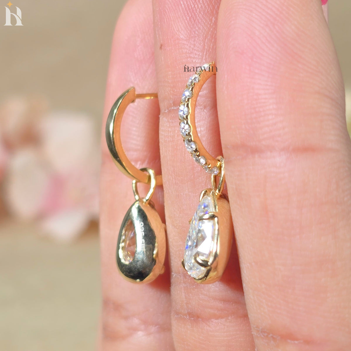 Pear Cut Moissanite Diamond Earrings, Solid Gold Dangle Drop Earrings For Women
